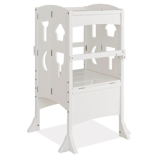 Folding Wooden Step Stool with Lockable Safety Rail for Toddler 3+-White - Image 2