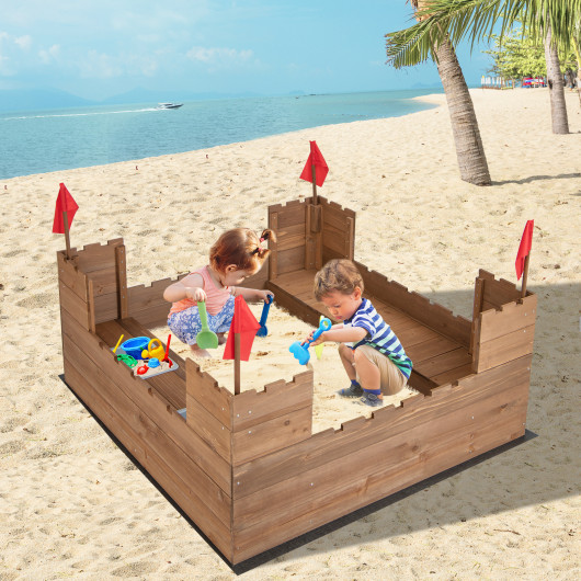 Kids Wooden Sandbox with Bottom Liner and Red Flags - Image 3