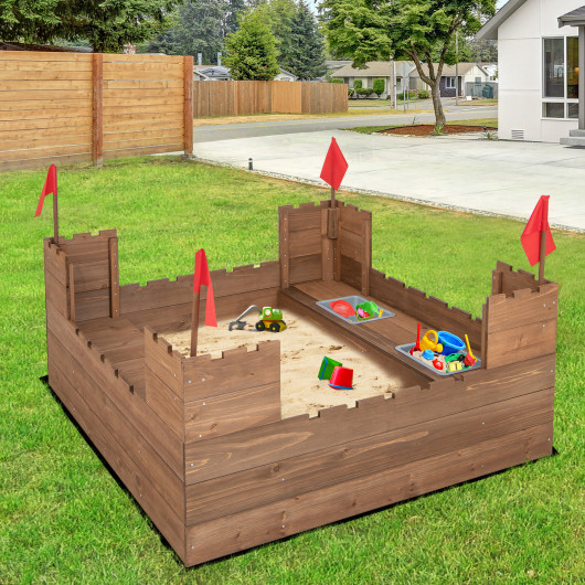Kids Wooden Sandbox with Bottom Liner and Red Flags - Image 4