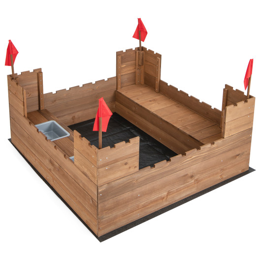 Kids Wooden Sandbox with Bottom Liner and Red Flags - Image 5