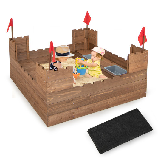 Kids Wooden Sandbox with Bottom Liner and Red Flags - Image 6