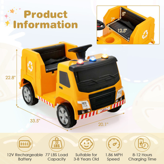12V Kids Ride-on Garbage Truck with Warning Lights and 6 Recycling Accessories-Yellow - Image 3