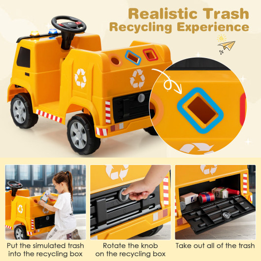 12V Kids Ride-on Garbage Truck with Warning Lights and 6 Recycling Accessories-Yellow - Image 5