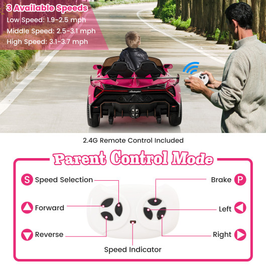 12V Licensed Lamborghini 4WD Kids Ride-on Sports Car with 2.4G Remote-Pink - Image 6