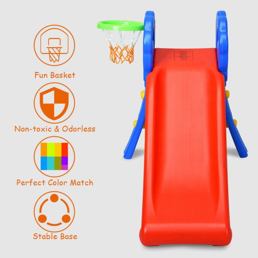 2 Step Indoors Kids Plastic Folding Slide with Basketball Hoop - Image 4