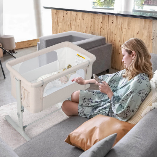 Portable Baby Bedside Bassinet with 5-level Adjustable Heights and Travel Bag-Beige - Image 4
