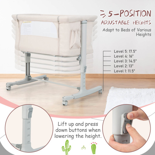 Portable Baby Bedside Bassinet with 5-level Adjustable Heights and Travel Bag-Beige - Image 6