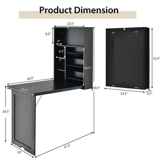 Wall Mounted Fold-Out Convertible Floating Desk Space Saver-Black - Image 2