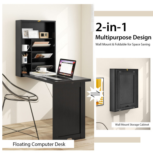 Wall Mounted Fold-Out Convertible Floating Desk Space Saver-Black - Image 4