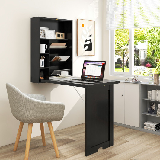 Wall Mounted Fold-Out Convertible Floating Desk Space Saver-Black - Image 5