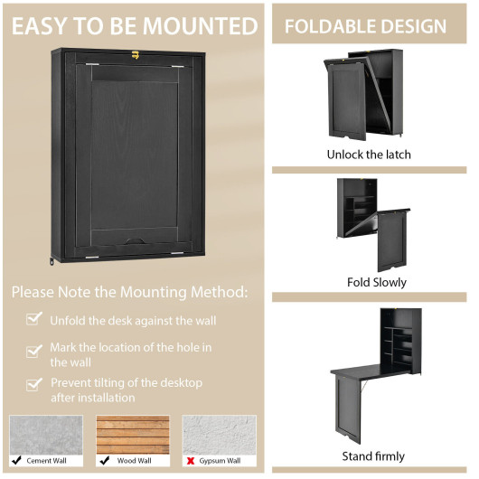 Wall Mounted Fold-Out Convertible Floating Desk Space Saver-Black - Image 6