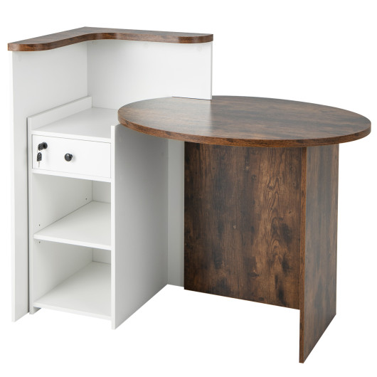 Front Reception Office Desk with Open Shelf and Lockable Drawer-Brown & White - Image 2