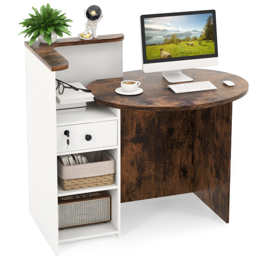 Front Reception Office Desk with Open Shelf and Lockable Drawer-Brown & White - Image 3