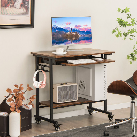 Rolling Laptop Table with Pull-out Keyboard Tray and Hooks-Rustic Brown - Image 2