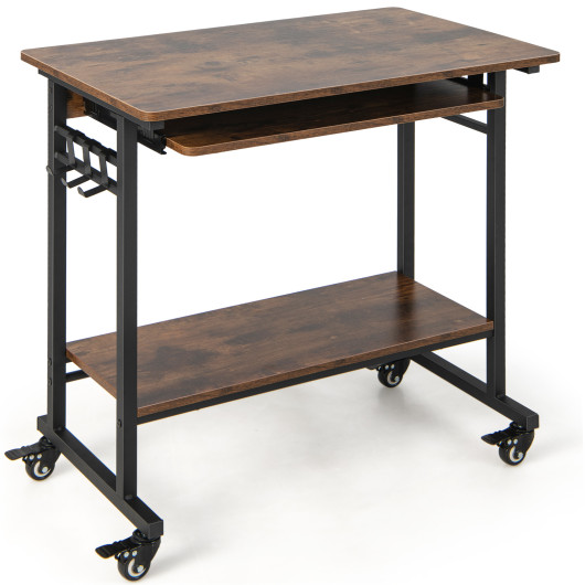 Rolling Laptop Table with Pull-out Keyboard Tray and Hooks-Rustic Brown - Image 3