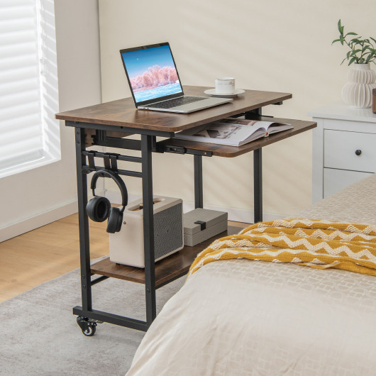 Rolling Laptop Table with Pull-out Keyboard Tray and Hooks-Rustic Brown - Image 4