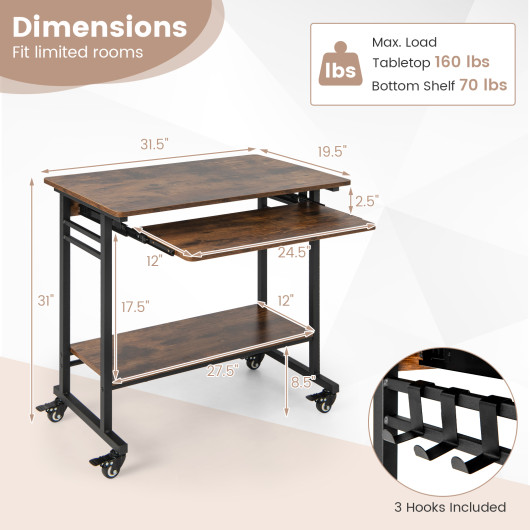 Rolling Laptop Table with Pull-out Keyboard Tray and Hooks-Rustic Brown - Image 5