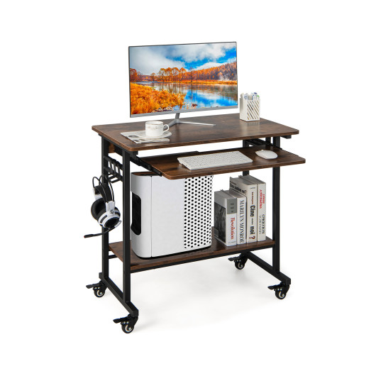 Rolling Laptop Table with Pull-out Keyboard Tray and Hooks-Rustic Brown - Image 6