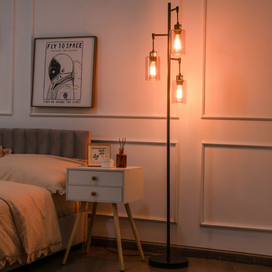 Retro Floor Lamp with 3-Head Hanging Amber Glass Shade - Image 3