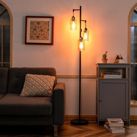 Retro Floor Lamp with 3-Head Hanging Amber Glass Shade - Image 6