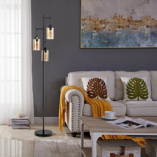 Retro Floor Lamp with 3-Head Hanging Amber Glass Shade - Image 2