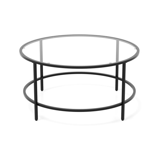 35.5 Inch Round Coffee Table with Tempered Glass Tabletop-Black