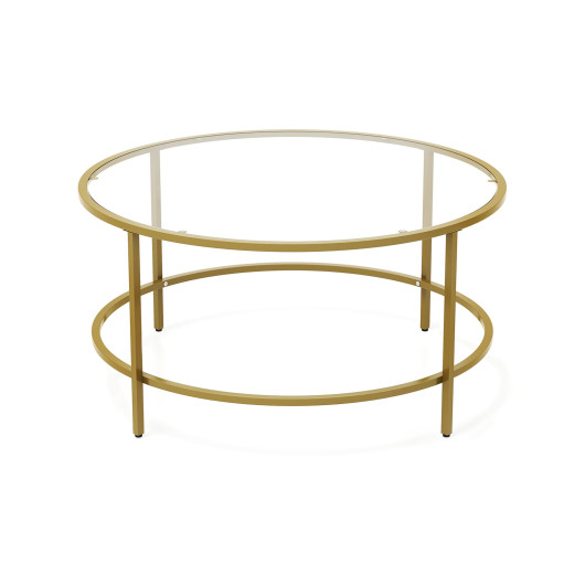 35.5 Inch Round Coffee Table with Tempered Glass Tabletop-Golden