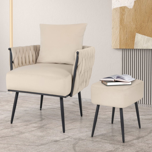Modern Dutch Velvet Accent Chair and Ottoman Set with Weaved Back and Arms-White - Image 3