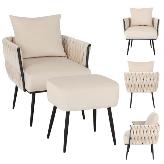 Modern Dutch Velvet Accent Chair and Ottoman Set with Weaved Back and Arms-White - Image 4