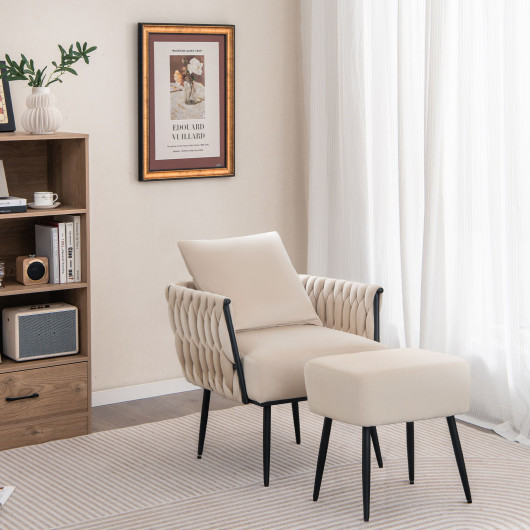 Modern Dutch Velvet Accent Chair and Ottoman Set with Weaved Back and Arms-White - Image 5