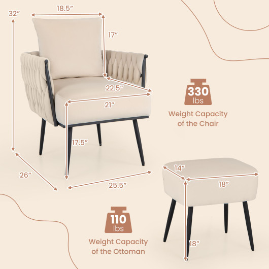 Modern Dutch Velvet Accent Chair and Ottoman Set with Weaved Back and Arms-White - Image 6