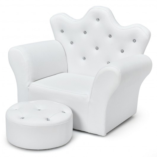Children Upholstered Princess Sofa with Ottoman and Diamond Decoration for Boys and Girls-White - Image 5