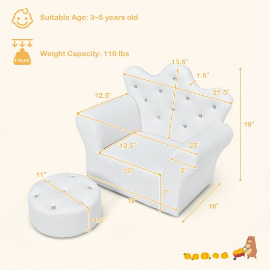 Children Upholstered Princess Sofa with Ottoman and Diamond Decoration for Boys and Girls-White - Image 4
