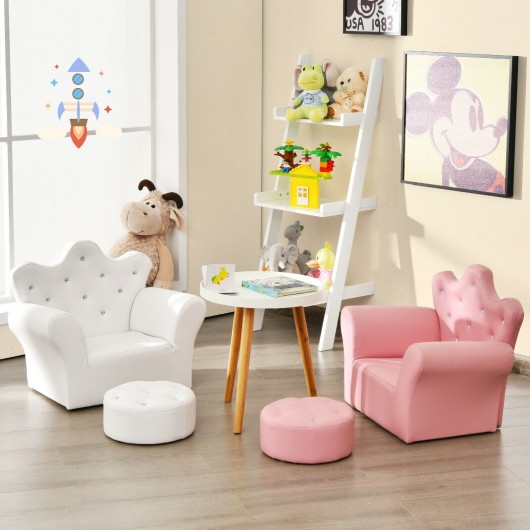 Children Upholstered Princess Sofa with Ottoman and Diamond Decoration for Boys and Girls-White - Image 6