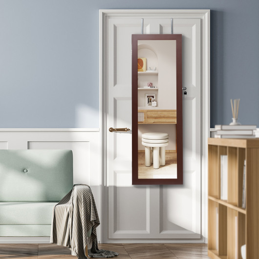 Lockable Wall Mount Mirrored Jewelry Cabinet with LED Lights-Brown - Image 5