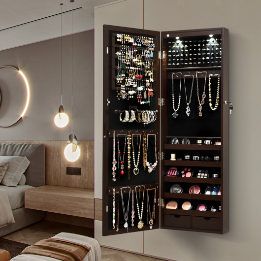 Lockable Wall Mount Mirrored Jewelry Cabinet with LED Lights-Brown - Image 2