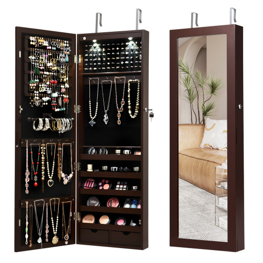 Lockable Wall Mount Mirrored Jewelry Cabinet with LED Lights-Brown - Image 4