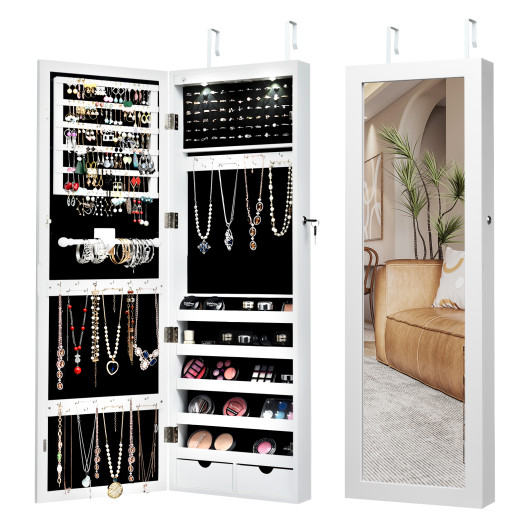 Lockable Wall Mount Mirrored Jewelry Cabinet with LED Lights-White