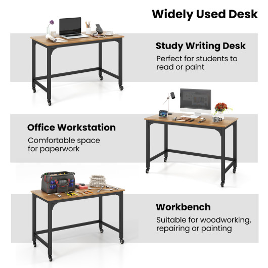 48" Rolling Computer Desk with Heavy-duty Metal Frame for Home and Office-Natural - Image 3