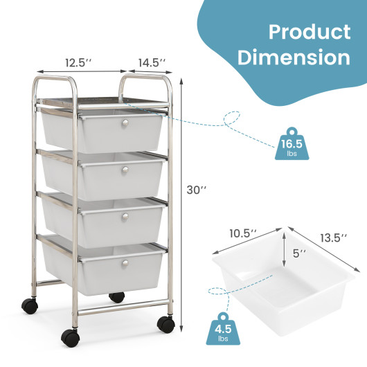 4-Drawer Cart Storage Bin Organizer Rolling with Plastic Drawers-White - Image 5