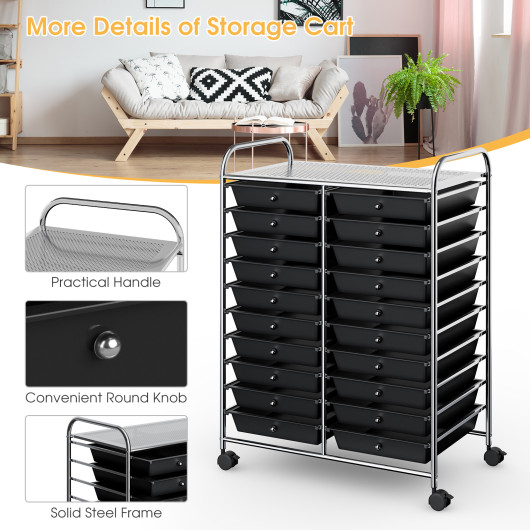 20 Drawers Storage Rolling Cart Studio Organizer-Black - Image 3