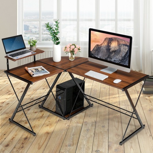 L-Shaped Desk Reversible Corner Computer Desk with Movable Shelf and CPU Stand-Walnut - Image 5