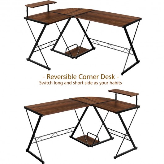 L-Shaped Desk Reversible Corner Computer Desk with Movable Shelf and CPU Stand-Walnut - Image 4