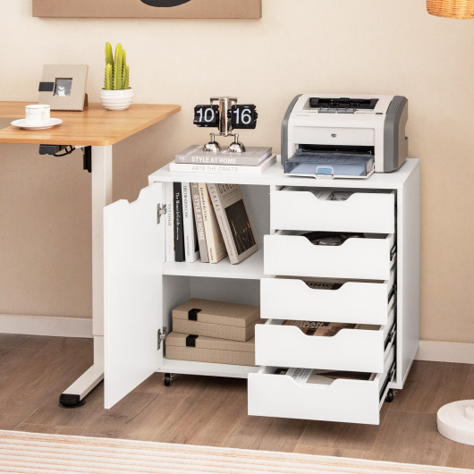 5-Drawer Dresser Chest Mobile Storage Cabinet with Door-White - Image 2