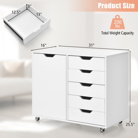 5-Drawer Dresser Chest Mobile Storage Cabinet with Door-White - Image 3