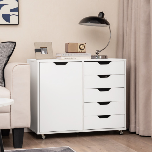5-Drawer Dresser Chest Mobile Storage Cabinet with Door-White - Image 4