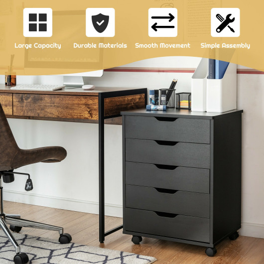 5 Drawer Mobile Lateral Filing Storage Home Office Floor Cabinet with Wheels-Black - Image 6