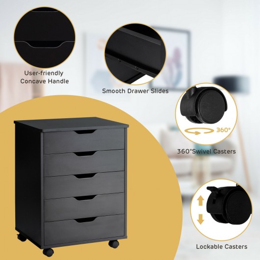 5 Drawer Mobile Lateral Filing Storage Home Office Floor Cabinet with Wheels-Black - Image 3