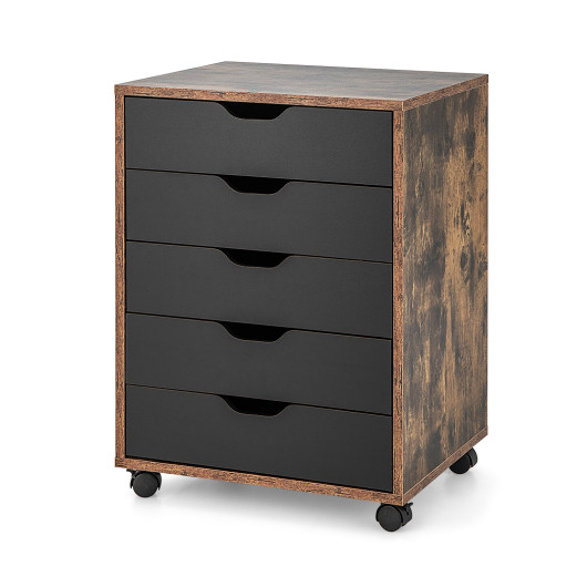 5 Drawer Mobile Lateral Filing Storage Home Office Floor Cabinet with Wheels-Rustic Brown - Image 2