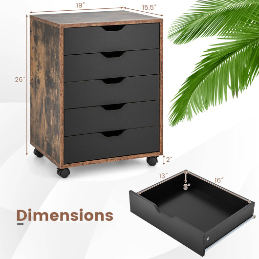 5 Drawer Mobile Lateral Filing Storage Home Office Floor Cabinet with Wheels-Rustic Brown - Image 3
